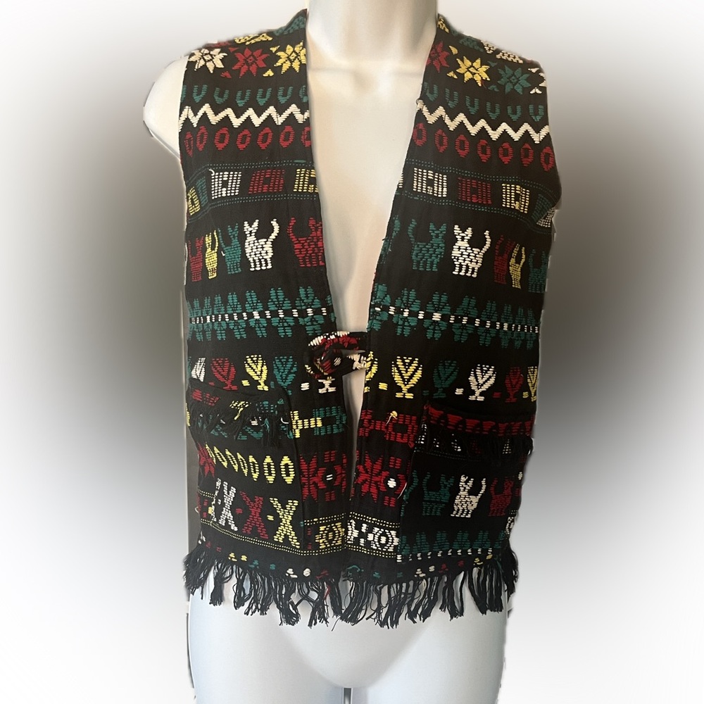 Vintage Handmade Embroidered Cat Vest with Fringe details and 2 Front Pockets